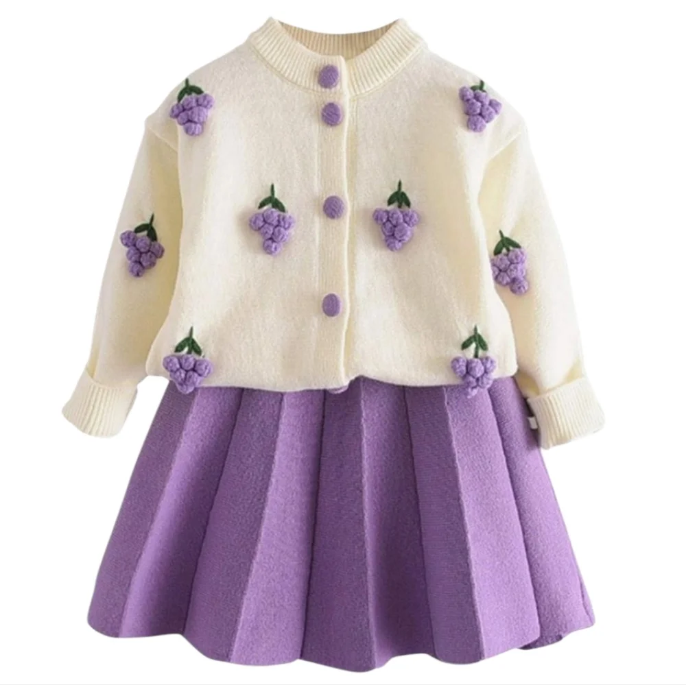 Spring Autumn Girls Grape Pom Pom Longsleeve Cardigan & Pleated Knit Skirt 2Pcs.